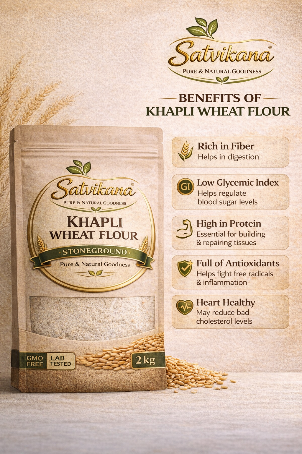 Satvikana Khapli Wheat flour (GMO FREE- LAB TESTED) I 2kg Pack