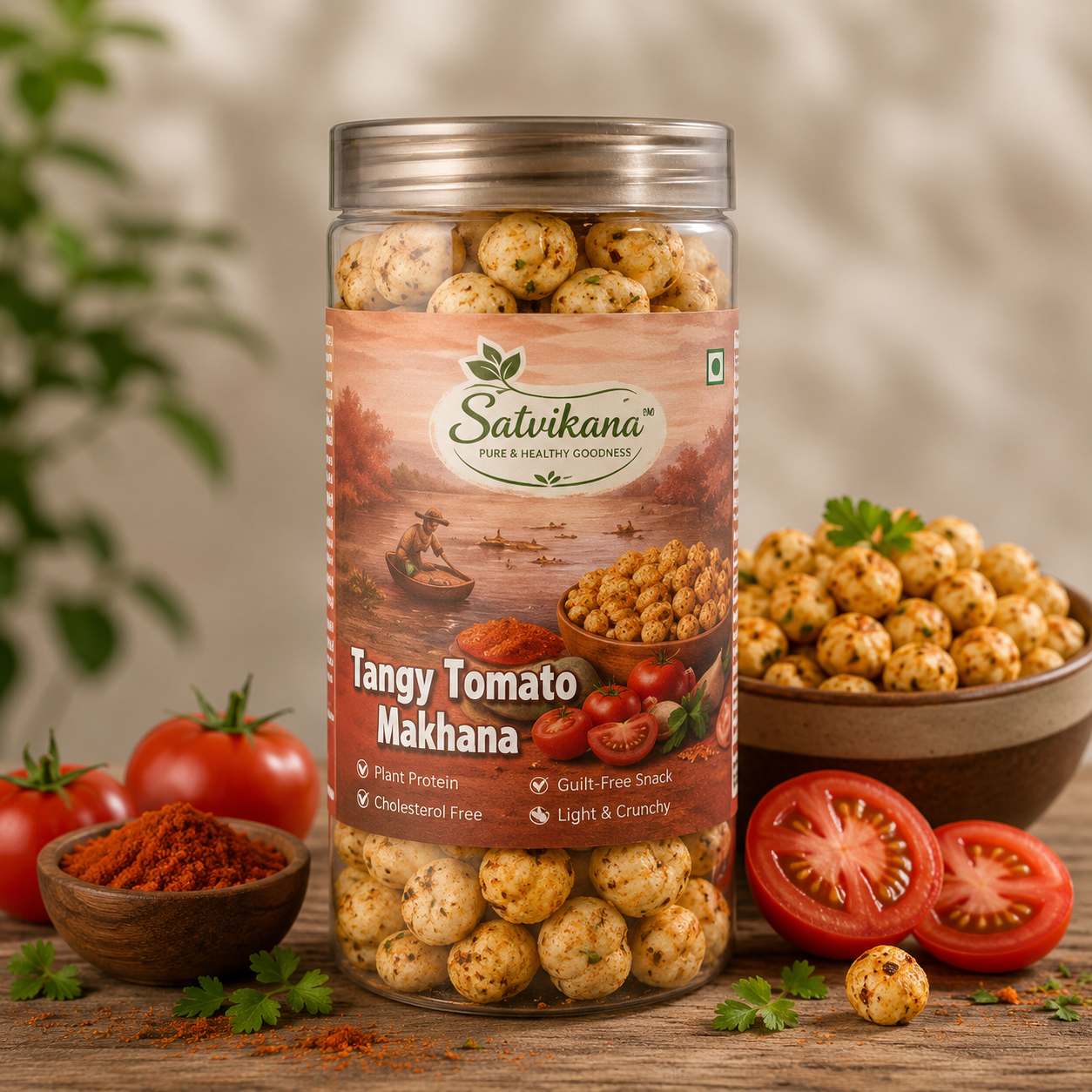 Jar of Satvikana Tangy Tomato Makhana with ingredients on a wooden surface