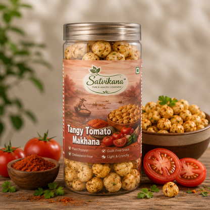 Jar of Satvikana Tangy Tomato Makhana with ingredients on a wooden surface