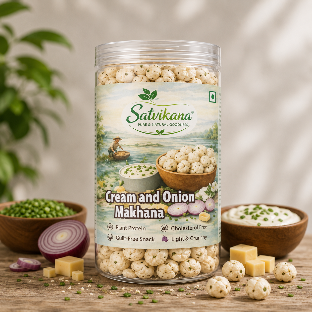 Jar of Satvikana Cream and Onion Makhana with ingredients on a wooden surface