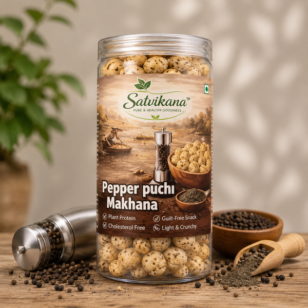 Jar of 'Pepper puchi Makhana' snack with Savikana branding on a wooden surface.