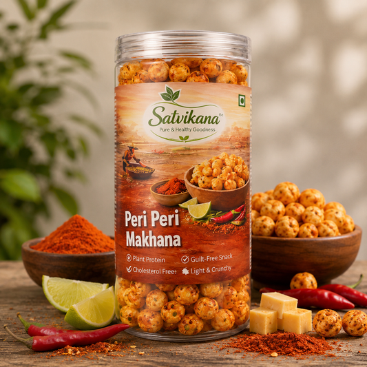 Jar of Satvikana Peri Peri Makhana snack with ingredients on a wooden surface